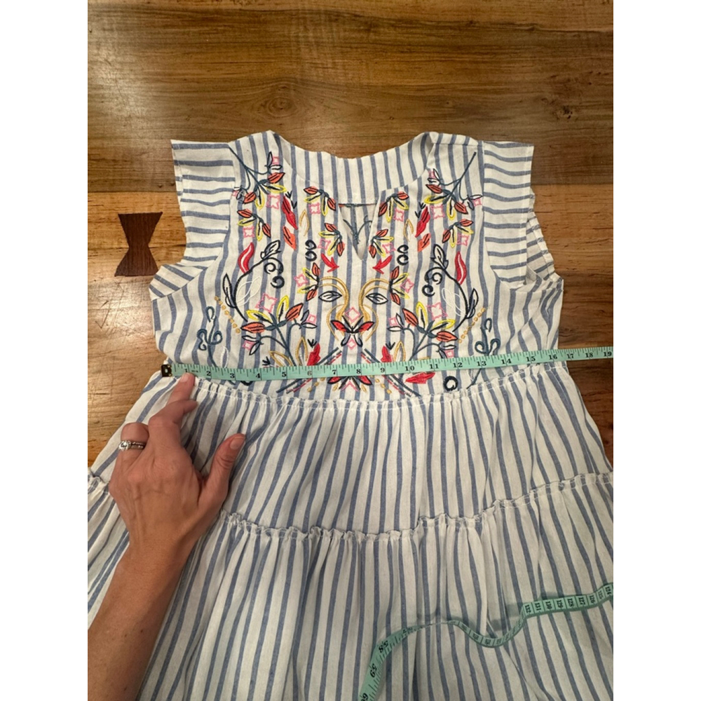 Handmade Coastal Dress Blue White Stripe Cotton Floral - Picture 9 of 12